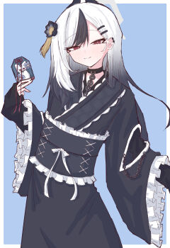 1girl absurdres black_flower black_hair black_kimono blue_archive blue_background border chain closed_mouth ear_piercing flower frilled_sash frilled_sleeves frills gradient_hair hair_flower hair_ornament hairclip half-closed_eyes halo highres holding horns japanese_clothes karehurin kayoko_(blue_archive) kimono long_hair long_sleeves looking_at_viewer multicolored_hair obi piercing red_eyes sash sleeves_past_wrists smile solo textless_version two-tone_hair white_border white_hair