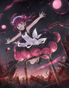 1girl :d apron armpits black_boots black_dress black_hairband blunt_bangs bonnet boots commentary_request dark dress frilled_bonnet frills hair_ribbon hairband industrial_pipe jumping kemurikusa lead_pipe looking_at_viewer maid_headdress medium_hair metal open_mouth outdoors outstretched_arms pink_eyes pink_hair pink_ribbon ribbon rina_(kemurikusa) road_sign rust sign sleeveless sleeveless_dress smile solo spread_arms steel_beam teeth twintails upper_teeth_only white_apron yakka