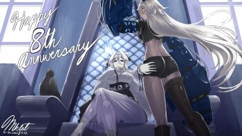 2girls anniversary arbiter_strength_viii_(azur_lane) arbiter_the_empress_iii_(azur_lane) ass asymmetrical_legwear azur_lane bird black_shorts black_thighhighs colored_skin crossed_legs crow dark-skinned_female dark_skin dated highres long_bangs long_sleeves looking_at_viewer maikeruexe multiple_girls shorts signature single_thighhigh siren_(azur_lane) sitting thighhighs throne white_hair white_skin