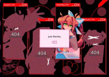 4girls blazer blonde_hair bow censored censored_identity character_name doki_doki_literature_club english_text error_message green_eyes hair_bow head_tilt high_ponytail highres holding holding_pen jacket long_hair long_sidelocks looking_at_viewer monika_(doki_doki_literature_club) multiple_girls natsuki_(doki_doki_literature_club) noose outstretched_arm pen polka_dot polka_dot_background ponytail sayori_(doki_doki_literature_club) shirt sidelocks smile st4ngray white_shirt writing x_(symbol) yuri_(doki_doki_literature_club)