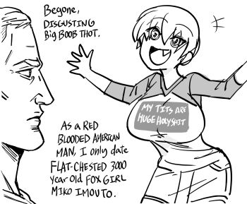 Rule 34 | +++, 1boy, 1girl, :d, bad id, bb (baalbuddy), breasts, caricature, clothes writing, commentary, english commentary, english text, fang, greyscale, highres, inactive account, large breasts, meme, monochrome, open mouth, parody, profanity, raglan sleeves, short hair, simple background, smile, sugoi dekai, uzaki-chan wa asobitai!, uzaki hana, white background, yes chad (meme)