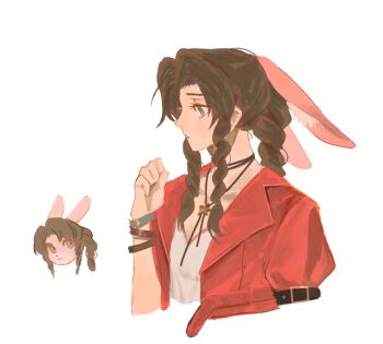 1girl aerith_gainsborough animal_ears bangle bracelet braid braided_ponytail brown_hair chibi chibi_inset choker cropped_jacket cropped_torso dress final_fantasy final_fantasy_vii final_fantasy_vii_remake flower_choker green_eyes jacket jewelry long_hair pai_jingguan parted_bangs parted_lips pink_dress puffy_short_sleeves puffy_sleeves rabbit_ears red_jacket short_sleeves sidelocks single_braid sketch solo upper_body white_background
