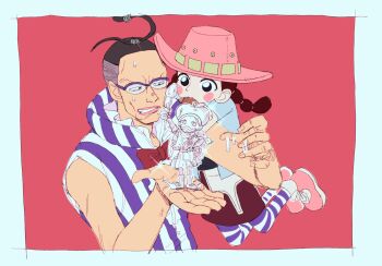 1boy 1girl blush_stickers bow bowtie braid braided_twintails galdino glasses hat highres miss_goldenweek one_piece pantyhose pink_background pink_hat rebanira_kaisan shirt sleeveless striped_clothes striped_shirt sweatdrop v-shaped_eyebrows vertical-striped_clothes vertical-striped_shirt