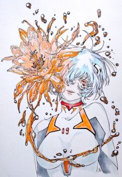 1girl ayanami_rei bad_id bad_pixiv_id blue_hair bodysuit breasts commentary_request cropped_torso floating_hair flower hair_over_one_eye half-closed_eye interface_headset_(evangelion) kirinsuke lcl liquid_flower looking_at_viewer mecha_pilot_suit medium_breasts neon_genesis_evangelion one_eye_covered orange_flower pale_skin parted_lips pink_lips plugsuit_(evangelion) red_eyes short_hair signature simple_background smile solo upper_body white_background white_bodysuit