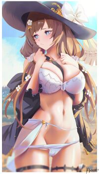 1girl absurdres bikini black_hat blue_eyes bow breasts bright_pupils brown_hair closed_mouth commentary_request gem granblue_fantasy hat highres kiratto777 large_breasts long_hair multiple_hat_bows navel official_alternate_costume raziel_(granblue_fantasy) raziel_(summer)_(granblue_fantasy) scrunchie solo sun_hat swimsuit white_bikini white_bow white_scrunchie