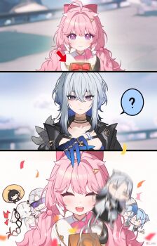 1boy 5girls :d ? aalto_(wuthering_waves) ahoge blue_hair bow buling_(wuthering_waves) camellya_(wuthering_waves) closed_eyes closed_mouth collarbone commentary confetti encore_(wuthering_waves) english_commentary female_rover_(wuthering_waves) galbrena_(wuthering_waves) game_screenshot_background gold_choker grey_hair hair_between_eyes hair_bow hair_intakes hair_ornament highres jack-in-the-box low_twintails multiple_girls open_mouth pink_bow pink_hair purple_eyes rover_(wuthering_waves) screenshot_background shorekeeper_(wuthering_waves) smile spoken_question_mark sunglasses thick_eyebrows twintails twitter_username wuthering_waves zua_(2vziu)