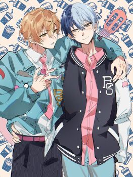 2boys aoyagi_touya arm_around_shoulder belt blonde_hair blue_hair breast_pocket candy clenched_teeth closed_mouth cowboy_shot cup drinking_straw earrings fingernails food french_fries go_all_out_(project_sekai) hand_on_another's_waist hand_up highres holding holding_candy holding_food holding_lollipop instrument jacket jewelry kabinghaochi layered_clothes lollipop long_sleeves looking_at_another male_focus mole mole_under_eye multicolored_hair multiple_boys necktie official_alternate_costume open_clothes open_collar open_jacket orange_hair pants parted_lips pink_belt pink_necktie pink_shirt pocket project_sekai shinonome_akito shirt short_hair smile split-color_hair teeth two-tone_hair wing_collar yaoi