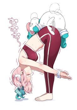 1girl absurdres alternate_costume aqua_hair barefoot breasts closed_eyes closed_mouth commentary english_commentary exercising feet heta highres honkai:_star_rail honkai_(series) hyacine_(honkai:_star_rail) little_ica_(honkai:_star_rail) medium_breasts midriff multicolored_hair pants pegasus pink_hair purple_pants purple_sports_bra simple_background sports_bra toes translation_request twintails two-tone_hair white_background yoga_pants