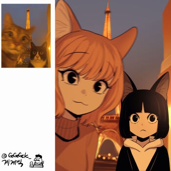 2girls :&lt; :3 absurdres animal_ears artist_name artist_self-insert baguette beret black_eyes black_hair bread brown_hair cat cat_ears cat_girl city_lights closed_mouth creature_and_personification dusk eiffel_tower facial_hair food gegegekman hair_between_eyes hat highres hood hood_down hoodie looking_at_viewer motion_blur multiple_girls mustache original personification photo_inset reference_inset signature sweater turtleneck turtleneck_sweater