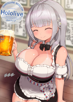 1girl alcohol apron bare_shoulders beer beer_mug bikini_tan black_bow black_bowtie blunt_bangs blurry blurry_background blush bow bowtie breasts cleavage closed_eyes closed_mouth cup detached_collar detached_sleeves dirndl dress english_text flower frilled_apron frills german_clothes grey_hair hair_flower hair_ornament highres holding holding_cup hololive huge_breasts indoors large_breasts long_hair mug official_alternate_costume official_alternate_hair_length official_alternate_hairstyle reiwa_rerere shirogane_noel shirogane_noel_(dirndl) short_sleeves sitting smile solo tan tanline thighhighs very_long_hair virtual_youtuber waist_apron white_apron white_thighhighs