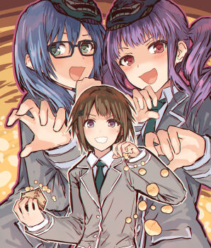 3girls absurdres asahi_rokka bang_dream! bang_dream!_girls_band_party! black-framed_eyewear blue_hair brown_background brown_hair collared_shirt commentary glasses green_eyes green_necktie grey_jacket grin hair_ornament hairclip haneoka_school_uniform highres jacket long_hair long_sleeves looking_at_viewer mamemaki mask mask_on_head masu medium_hair multiple_girls necktie nervous_smile oni_mask open_mouth purple_eyes purple_hair red_eyes school_uniform setsubun shirt short_hair sidelocks smile sweatdrop toyama_asuka twintails udagawa_ako v-shaped_eyebrows white_shirt winter_uniform yukitake_(bullfalk)