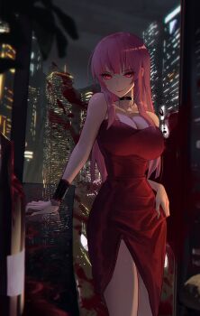 1girl absurdres black_choker blood_on_window bottle breasts building choker city cleavage closed_mouth dress glass_table highres hololive hololive_english large_breasts long_hair looking_at_viewer mori_calliope pink_eyes pink_hair red_dress solo table virtual_youtuber vyva