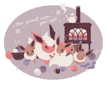 :3 basket coffee_pot cup eevee english_text evolutionary_line fireplace firewood flareon fluffy full_body gen_1_pokemon highres manami_(uovoegg) mug nintendo no_humans one_eye_closed pokemon pokemon_(creature) steam yarn yarn_ball