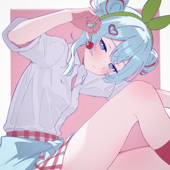 1girl blue_eyes blue_hair blush cherry cherry_pop_(vocaloid) clothes_around_waist double_bun food fruit green_hairband hair_bun hair_ornament hairband hatsune_miku heart heart_hair_ornament highres holding_cherry looking_at_viewer lumina_(1umin4) multicolored_hair pink_background plaid_clothes plaid_skirt red_hair shirt skirt solo streaked_hair sweater sweater_around_waist two-tone_background vocaloid white_background white_shirt