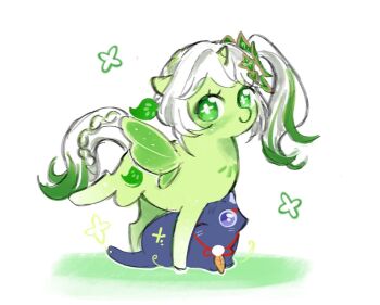 animalization aylu_tori black_cat bright_pupils cat cross-shaped_pupils eyelashes eyeliner eyeshadow fairy_wings feathers genshin_impact green_eyes green_hair green_wings hair_ornament horns leaf leaf_hair_ornament long_hair looking_at_viewer makeup multicolored_hair nahida_(genshin_impact) no_humans one_eye_closed pom_pom_(clothes) pony_(animal) purple_eyes red_eyeliner red_eyeshadow scaramouche_(cat)_(genshin_impact) scaramouche_(genshin_impact) side_ponytail sidelocks single_horn streaked_hair string symbol-shaped_pupils tareme unicorn unicorn_horn white_background white_hair white_pupils winged_unicorn wings yellow_feathers