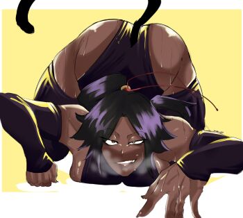 1girl all_fours alqkemy bare_shoulders black_leotard black_thighhighs bleach bleach:_sennen_kessen-hen breasts commentary dark-skinned_female dark_skin detached_sleeves english_commentary fang female_focus hair_ornament large_breasts leotard long_hair looking_at_viewer open_mouth parted_bangs ponytail purple_hair shihouin_yoruichi shiny_skin simple_background sweat tail thighhighs thighs yellow_eyes