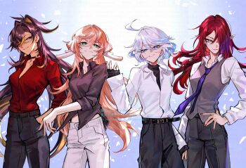 Rule 34 | 4girls, ahoge, akaneya (akaneya1484), antenna hair, antlers, artist name, belt, belt buckle, black belt, black choker, black pants, black shirt, blonde hair, blue background, blue eyes, blue hair, braid, braided bangs, breasts, brown eyeshadow, brown hair, brown shirt, buckle, chasca (genshin impact), choker, closed mouth, collarbone, collared shirt, commentary request, cowboy shot, crossed bangs, dehya (genshin impact), drop-shaped pupils, earrings, eyelashes, eyeshadow, fingernails, furina (genshin impact), genshin impact, gold earrings, gradient hair, green eyes, grey vest, grin, hair between eyes, hair ears, hair intakes, hair over one eye, half up braid, hand in pocket, hand on own hip, hand up, head tilt, heterochromia, highres, hoop earrings, horns, jewelry, long hair, long sleeves, looking at viewer, makeup, mascara, medium breasts, mismatched pupils, multicolored hair, multiple girls, nail polish, necktie, one eye covered, pants, parted bangs, parted lips, pink hair, pointy ears, purple hair, purple necktie, red hair, red nails, red shirt, shirt, short hair, side braid, single braid, sleeves past wrists, sleeves rolled up, smile, split mouth, standing, streaked hair, swept bangs, symbol-shaped pupils, teeth, tsurime, turtleneck, twitter username, very long hair, vest, watermark, white hair, white pants, white shirt, wing collar, yanfei (genshin impact)