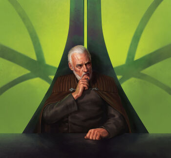 1boy beard black_jacket brown_cape cape count_dooku facial_hair grey_hair highres indoors jacket javier_charro looking_to_the_side male_focus short_hair sitting solo star_wars thinking