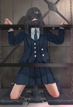 1girl absurdres bdsm blazer blindfold blue_necktie bondage bound collared_shirt forced_orgasm gag gag_harness gagged grey_hair highres implied_sex jacket kneeling necktie orgasm original pillory pleated_skirt plug_gag po-i-mu pussy_juice restrained school_uniform separated_arms separated_legs sex_machine shirt skirt solo stationary_restraints vest white_shirt