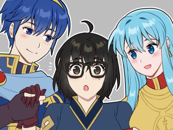 Rule 34 | 1boy, 2girls, :d, :o, ahoge, artist self-insert, black eyes, black hair, blue eyes, blue hair, commentary, eirika (fire emblem), female kiran (fire emblem), fire emblem, fire emblem: mystery of the emblem, fire emblem: the sacred stones, fire emblem heroes, glasses, hetero, holding hands, kiran (fire emblem), long hair, maji (majibomber), marth (fire emblem), multiple girls, nintendo, oc x canon, open mouth, short hair, smile, untranslatable commentary, yuri