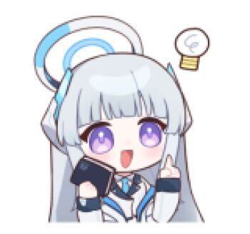 1girl animated animated_png blue_archive blunt_bangs chibi chibi_only grey_hair halo index_finger_raised light_bulb line_sticker_available long_hair looking_at_viewer lowres mechanical_halo noa_(blue_archive) non-repeating_animation non-web_source official_art open_mouth purple_eyes school_uniform simple_background smile solo transparent_background upper_body