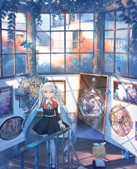 2girls absurdres aqua_eyes aqua_hair aqua_ribbon artist_self-reference black_dress black_ribbon blonde_hair blue_butterfly blurry blurry_foreground bow bug bush butterfly collar collared_shirt commentary dress green_hair gumi hair_bow hair_ribbon hand_on_railing handrail hatsune_miku highres huge_filesize indoors bug kagamine_rin light_smile long_hair looking_at_viewer multiple_girls neck_ribbon painting_(object) plant potted_plant purple_hair rabbit_yukine ribbon sakakidani scenery shirt short_hair sitting stairs standing thighhighs twintails umbrella very_long_hair vocaloid white_bow white_collar white_legwear yuki_miku yuki_miku_(2021) yuri yuzuki_yukari