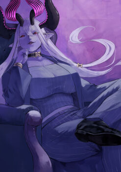 1girl absurdres black_sclera black_shoes bracelet breasts chair cleavage colored_sclera colored_skin commentary_request earrings eyeliner fate/grand_order fate_(series) formal_clothes grey_hair grey_jacket grey_pants grey_skin grey_suit gumi_(the_eye_of_darkness) hair_between_eyes highres horns ibuki_douji_(avatar_of_the_great_serpent_god)_(fate) ibuki_douji_(fate) jacket jewelry large_breasts long_hair long_sleeves looking_at_viewer makeup neck_ring oni pants parted_lips pointy_ears red_eyes shoes sidelocks sitting smile suit