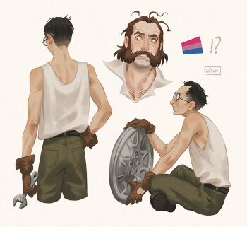 !? 2boys belt bisexual_flag black_hair brown_gloves brown_hair commentary crossed_legs disco_elysium english_commentary facial_hair glasses gloves hand_on_own_hip harry_du_bois holding holding_wrench kim_kitsuragi leather leather_gloves lesbian_flag looking_at_another male_focus multiple_boys mutton_chops nipuni shirt_tucked_in short_hair sitting tank_top white_tank_top wide-eyed wrench