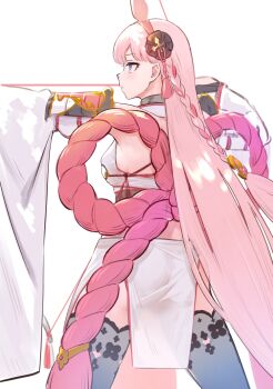 1girl aiming animal_ears armor ass blue_thighhighs braid breasts closed_mouth commentary_request detached_sleeves from_side granblue_fantasy hair_ornament japanese_armor japanese_clothes long_hair pelvic_curtain pink_hair profile purple_eyes rope sandira_(granblue_fantasy) shimenawa side_braid simple_background solo thighhighs tomamatto very_long_hair white_background wide_sleeves