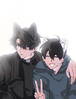 2boys akigawasou animal_ears arm_around_neck black_coat black_eyes black_shirt blue_hoodie closed_eyes coat dog_ears glaring grin hand_on_another&#039;s_shoulder high_collar hood hood_down hoodie kim_dokja looking_at_viewer male_focus multiple_boys omniscient_reader&#039;s_viewpoint open_clothes open_coat shirt smile upper_body v yoo_joonghyuk