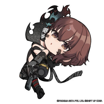 1girl arm_behind_head black_boots boots braid breasts brown_eyes brown_hair chibi clothing_cutout commentary crossed_bangs delta_(nikke) delta_(ninja_thief)_(nikke) elbow_gloves english_commentary gloves goddess_of_victory:_nikke grey_gloves groin hair_between_eyes high_heel_boots high_heels highres hip_vent knee_pads looking_at_viewer medium_breasts medium_hair official_art outstretched_arm parted_lips reaching reaching_towards_viewer sideboob single_braid solo standing standing_on_one_leg totatokeke