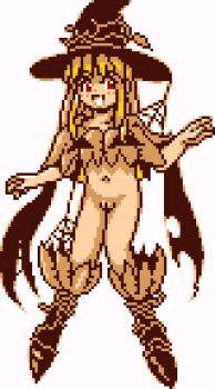 1girl black_boots black_hat blonde_hair blush boots bottomless capelet collarbone flat_chest halloween halloween_costume hat hat_ornament jack-o&#039;-lantern_print kayama_licca loli long_hair looking_at_viewer naked_capelet navel open_mouth orange_capelet pixel_art plant print_capelet pussy red_eyes saiwai_hiroshi silk smile spider_web standing super_doll_licca-chan vines witch witch_hat