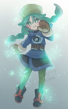 1girl absurdres black_boots blue_jacket blush_stickers boots braid bright_pupils brown_mittens closed_mouth commentary_request full_body fur_hat green_eyes green_hair green_hat green_pantyhose hair_between_eyes hat highres jacket long_hair long_sleeves looking_at_viewer mittens narusawa_byakuya nintendo pantyhose pokemon pokemon_legends:_arceus sabi_(pokemon) skirt smile solo