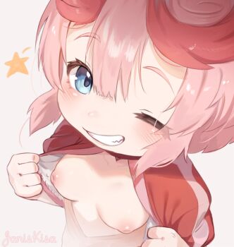 1girl blue_eyes blush breasts commentary grin kisahuiisa looking_at_viewer made_in_abyss nipples one_eye_closed open_clothes parted_lips pink_hair simple_background small_breasts smile solo star_(symbol) tepaste