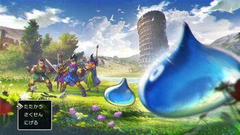 2boys 2girls bird black_hair black_hat blue_hair blurry blurry_foreground cape cloud dragon_quest dragon_quest_iii martial_artist_(dq3) gameplay_mechanics grass green_tunic hat hero_(dq3) holding holding_shield holding_staff holding_sword holding_weapon mage_(dq3) menu multiple_boys multiple_girls muscular muscular_male outdoors priest_(dq3) purple_cape shield shinwoo_choi slime_(substance) spiked_hair staff sword tree tunic user_interface weapon witch witch_hat