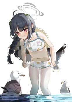 1girl absurdres ahoge animal bikini bird black_hair blue_archive blush braid braided_twintails closed_mouth clothes_pull collarbone embarrassed fingernails grey_halo halo hashtag-only_commentary highres leaf leaf_on_head leaf_print long_hair miyu_(blue_archive) miyu_(swimsuit)_(blue_archive) navel official_alternate_costume pantyhose pantyhose_pull print_bikini raised_inner_eyebrows red_eyes seagull simple_background siopon12 solo stomach swimsuit tearing_up wading water water_drop wet white_background white_bikini white_pantyhose