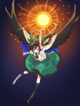 1girl black_hair black_wings bow cape commentary_request green_bow green_skirt highres kneehighs reiuji_utsuho shirt skirt socks sun third0704 third_eye touhou white_shirt wings