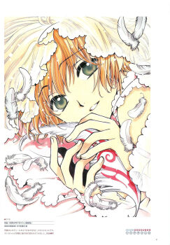 00s 1girl blonde_hair brown_hair clamp close-up feathers female_focus green_eyes grin highres marker_(medium) non-web_source official_art parted_lips sakura_hime see-through_clothes short_hair smile solo teeth traditional_media tsubasa_chronicle upper_body white_feathers