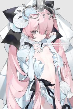 1girl absurdres armpits black_eyes black_ribbon bow breasts fingerless_gloves frills garter_straps gloves hair_between_eyes hair_bow hair_ornament highres long_hair navel neck_ruff nuoom original pink_hair ribbon shrug_(clothing) simple_background small_breasts solo very_long_hair watermark