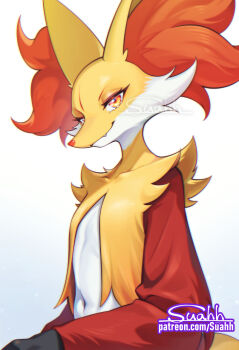 1girl animal_ear_fluff animal_ears closed_mouth delphox fang fox_ears fox_girl gen_6_pokemon looking_at_viewer nintendo pokemon pokemon_(creature) red_eyes smile solo suahh white_background white_fur yellow_fur