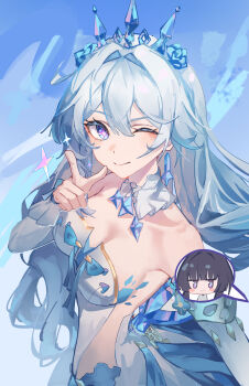 2girls ;) absurdres bare_shoulders blue_eyes breasts chinese_commentary clothing_cutout commentary_request dress finger_gun highres honkai_(series) honkai_impact_3rd kiana_kaslana kiana_kaslana_(ba-dum!_fiery_wishing_star) kiana_kaslana_(winter_wishes) large_breasts long_hair multiple_girls official_alternate_costume official_alternate_hairstyle one_eye_closed raiden_mei side_cutout smile star-shaped_pupils star_(symbol) symbol-shaped_pupils tiara very_long_hair white_dress white_hair xianluojimaomao2333