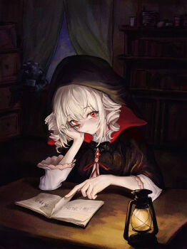 Rule 34 | 1girl, black cloak, blush, book, bookshelf, bow, cloak, closed mouth, dark, desk, drill hair, extra eyes, grey hair, hair between eyes, hand on own cheek, hand on own face, head rest, highres, hood, hood up, indoors, lamp, long hair, long sleeves, looking at viewer, open book, red eyes, red ribbon, renwww, ribbon, shirt, sitting, solo, table, tlipoca, twin drills, white shirt, yog-sothoth's yard