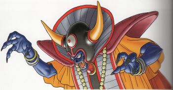 Rule 34 | 1boy, absurdres, black nails, blue skin, bracelet, colored skin, dragon quest, dragon quest iii, fake horns, gold bracelet, helmet, highres, horned helmet, horns, jewelry, male focus, necklace, official art, open mouth, orange robe, red eyes, robe, scan, sharp teeth, solo, teeth, third-party source, third eye, toriyama akira, upper body, white background, zoma