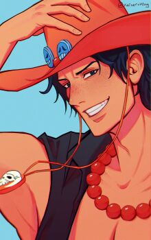 1boy absurdres adam's_apple adjusting_clothes adjusting_headwear bead_necklace beads black_eyes black_hair black_vest blue_background collarbone commentary english_commentary freckles grin hat highres jewelry kaizer_(kaizerxking) looking_at_viewer male_focus necklace one_piece orange_hat portgas_d._ace short_hair simple_background smile solo upper_body vest