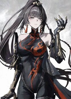1girl absurdres bare_shoulders belt black_dress black_hair breasts bright_pupils china_dress chinese_clothes closed_mouth cowboy_shot dress earrings flame_print grey_background grey_eyes hair_intakes hand_up hashtag-only_commentary highres impossible_clothes impossible_dress jewelry long_hair looking_at_viewer mechanical_arms medium_breasts ponytail punishing:_gray_raven qu:_shukra_(sparragon's_triumph)_(pgr) qu_(pgr) sleeveless sleeveless_dress solo standing takamatu_hajime tassel tassel_earrings thigh_belt thigh_strap very_long_hair white_pupils