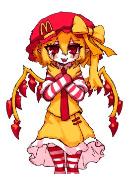 Rule 34 | 1girl, adapted costume, alternate costume, blonde hair, blush, bow, commentary, crystal wings, fang, flandre scarlet, gloves, hat, hat bow, highres, korean commentary, long sleeves, looking at viewer, mcdonald's, mob cap, multicolored thighhighs, necktie, one side up, open mouth, pointy ears, rampa93, red eyes, red hat, red necktie, red thighhighs, simple background, skin fang, skirt, skirt set, smile, solo, square-end necktie, striped clothes, striped thighhighs, thighhighs, touhou, two-tone thighhighs, vest, white background, white thighhighs, wings, yellow bow, yellow gloves, yellow skirt, yellow vest