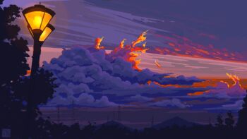 Rule 34 | cloud, cloudy sky, commentary, english commentary, fangpeii, highres, hill, lamppost, mountainous horizon, no humans, original, outdoors, power lines, scenery, sky, sky focus, transmission tower, twilight, watermark