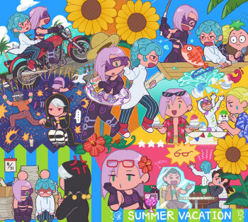 &gt;_&lt; 6+boys anger_vein baby_face_(stand) beach_boy_(stand) blonde_hair blue_hair commentary_request earrings fireworks fish flower food formaggio ghiaccio glasses grabbing_another&#039;s_ear green_eyes green_hair grey_hair hand_on_another&#039;s_ear hawaiian_shirt head_bump illuso innertube jewelry jojo_no_kimyou_na_bouken male_focus mask melone moisukii motor_vehicle motorcycle multiple_boys multiple_views open_clothes open_shirt palm_tree pants paperwork pesci prosciutto_(jojo) purple_hair riding risotto_nero shaved_ice shirt short_hair sparkler stand_(jojo) striped_clothes striped_pants summer sunflower sweatdrop swim_ring tears tree vento_aureo white_album_(stand)