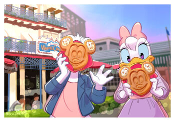 1girl 3boys bow character-themed_food couple daisy_duck donald_duck dress duck_boy duck_girl furry furry_female furry_male furry_with_furry hetero looking_at_food mickey_mouse mickey_mouse_&amp;_friends multiple_boys open_mouth pink_bow purple_dress purple_eyes shirt smile takatmaorange