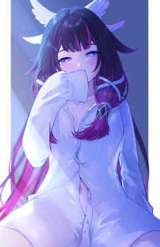 1girl absurdres black_hair blunt_bangs blush borrowed_clothes boyfriend's_shirt breasts cleavage columbina_(genshin_impact) covering_own_mouth dress_shirt genshin_impact head_wings highres long_hair long_sleeves looking_at_viewer medium_breasts multicolored_hair naked_shirt navel netarou_(netarou_25) partially_unbuttoned pink_hair purple_eyes purple_hair shirt signature sleeves_past_fingers sleeves_past_wrists solo streaked_hair symbol-shaped_pupils two-tone_hair very_long_hair white_shirt wings